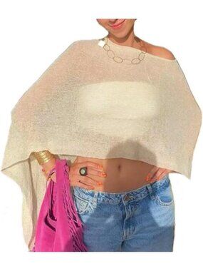 Women's Light Yellow Sheer Poncho Top Knit Crochet Lightweight See Through Shawl